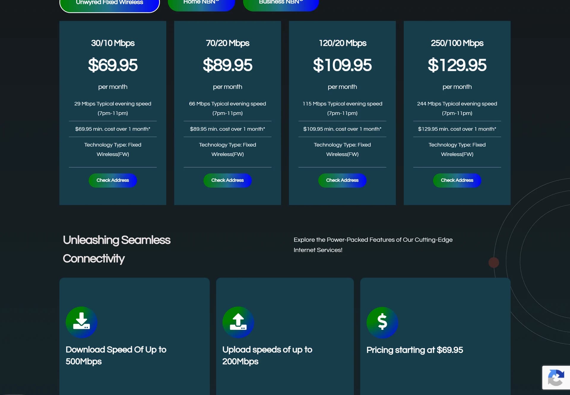 Unwyred plan cards with speeds and monthly pricing