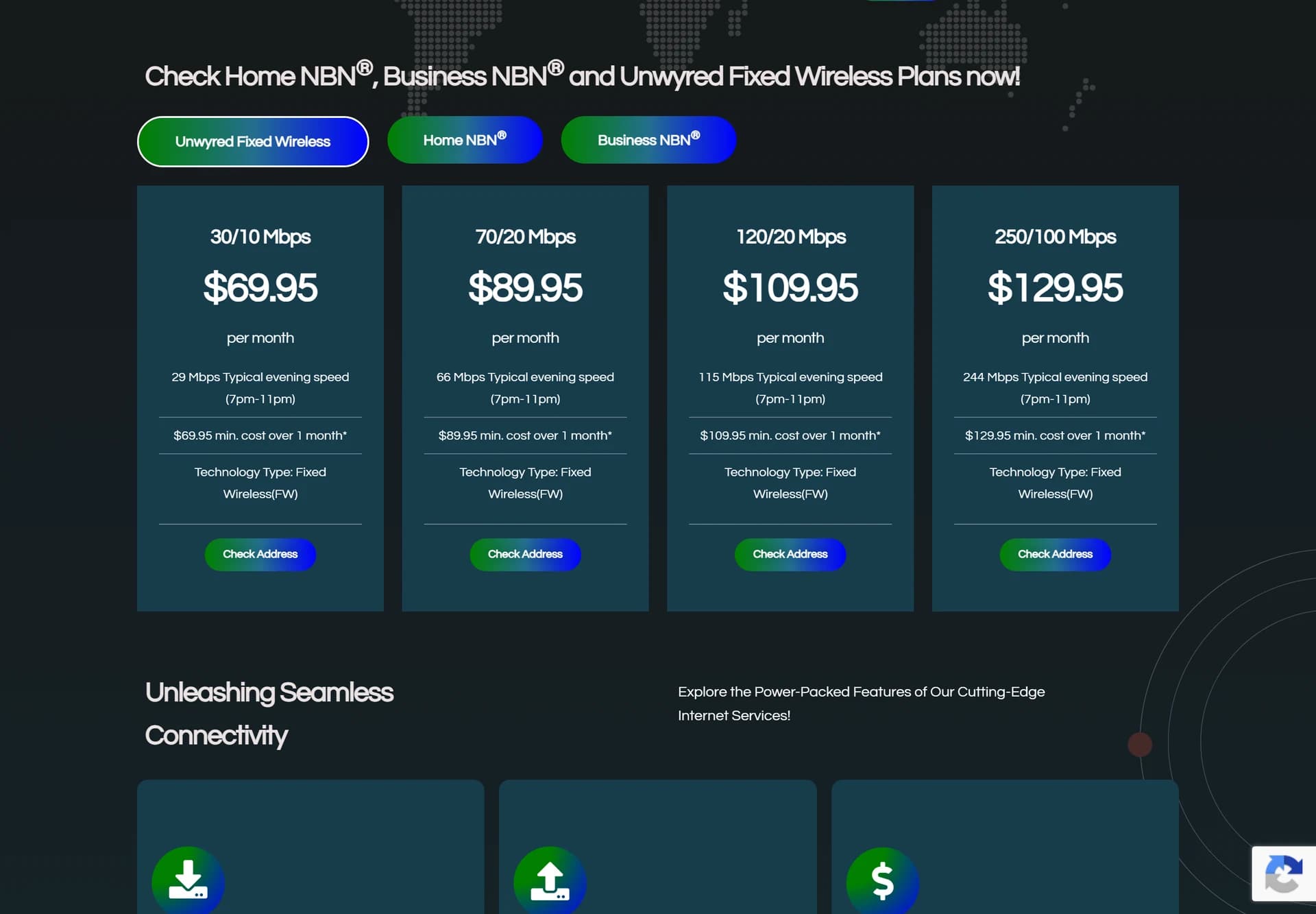 Dynamic Unwyred internet plan listing