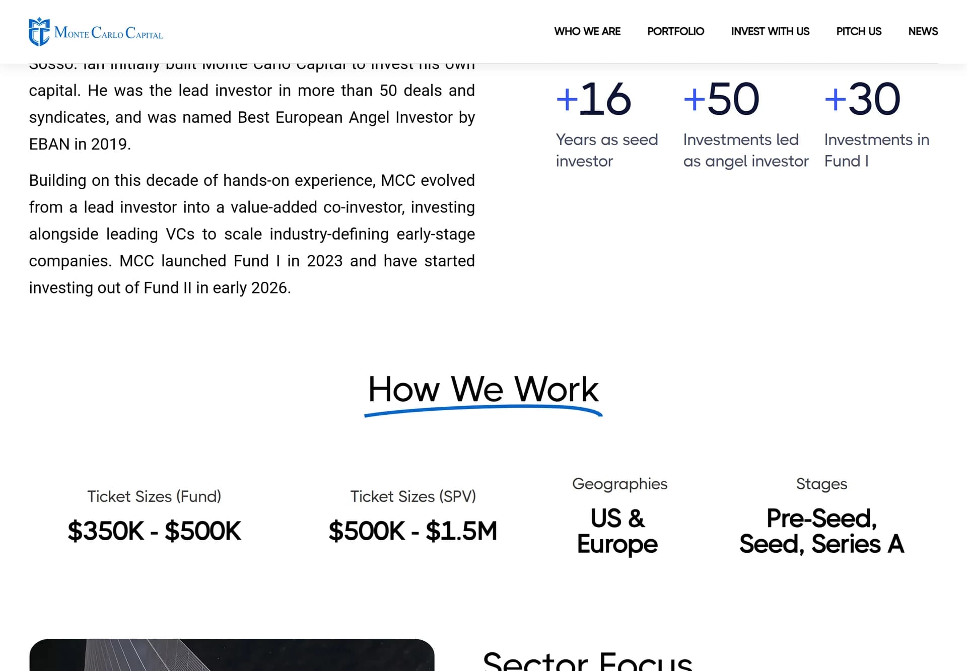 How We Work — fund/SPV tickets, geographies, stages
