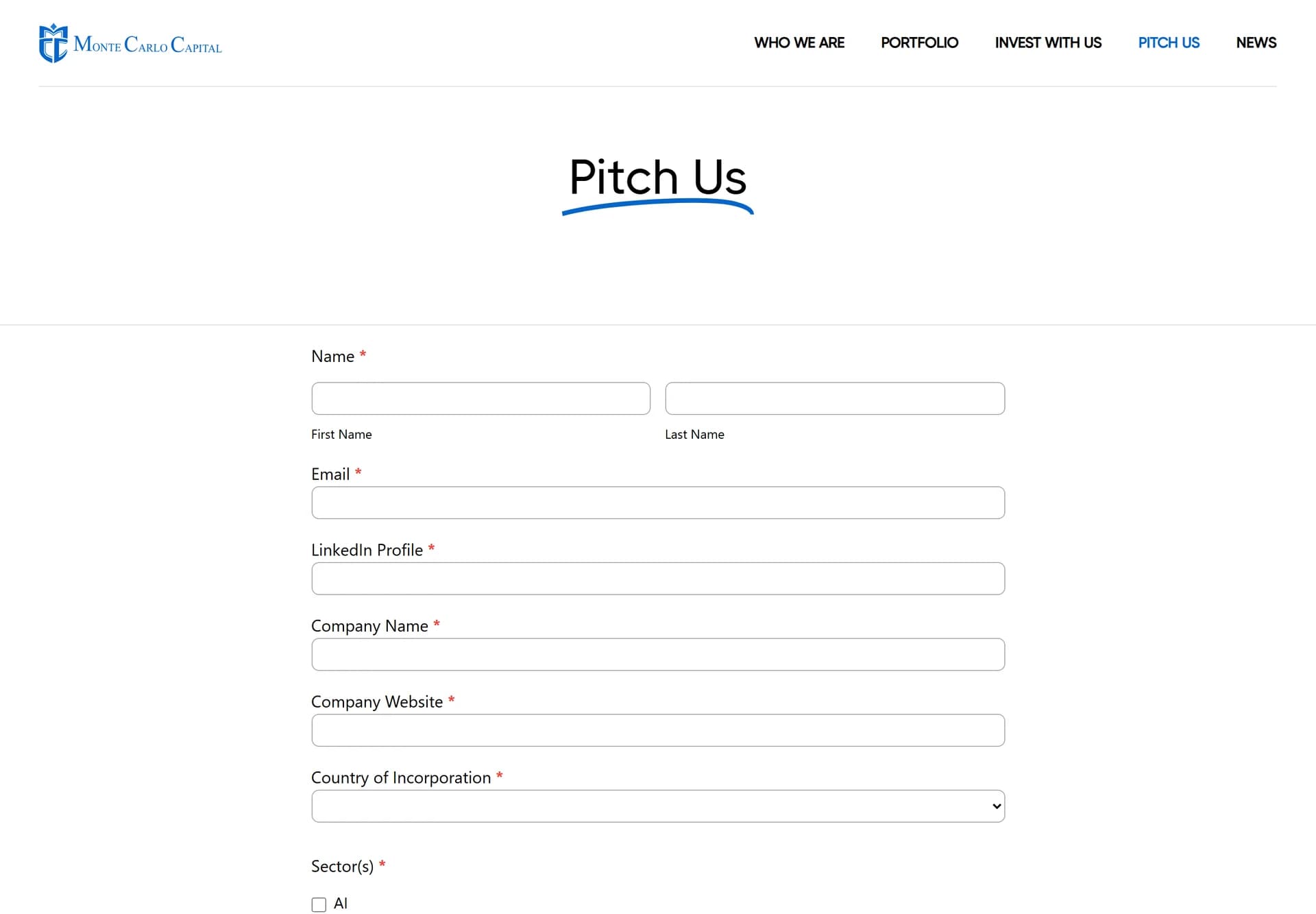 Pitch Us form for startup founders